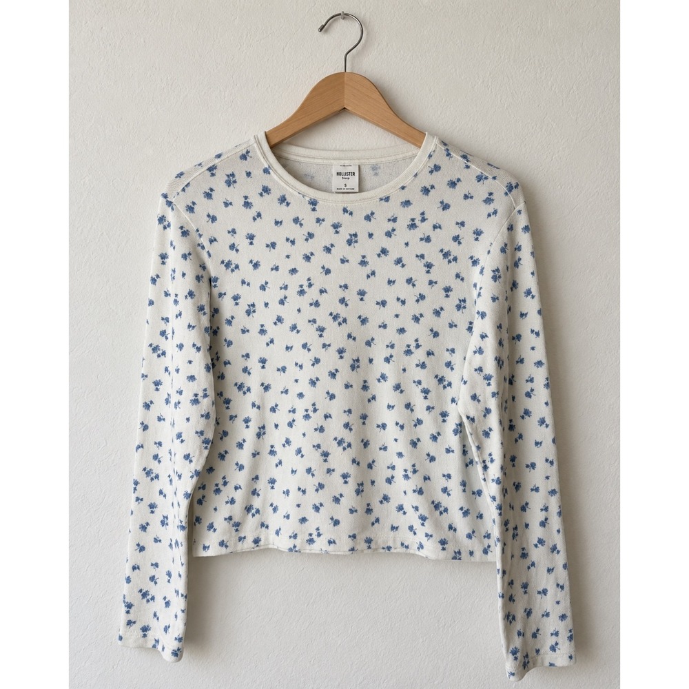 Hollister Pajama Top Women Small White Blue Floral Sleep Shirt Boho Cottagecore
